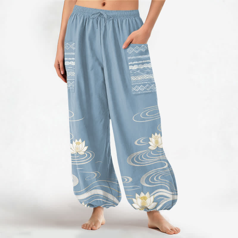 Buddha Stones Pantalon harem pour femme en coton à motif lotus ondulé, taille élastique et poches latérales - Bleu ciel clair - US16，UK/AU20，EU48 (3XL) - image 0