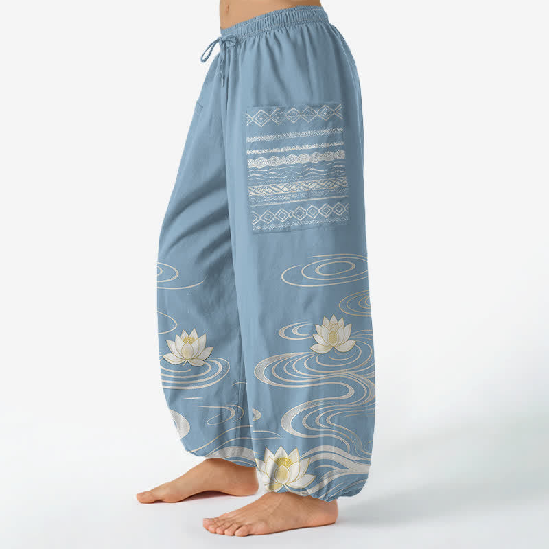 Buddha Stones Pantalon harem pour femme en coton à motif lotus ondulé, taille élastique et poches latérales - image 1