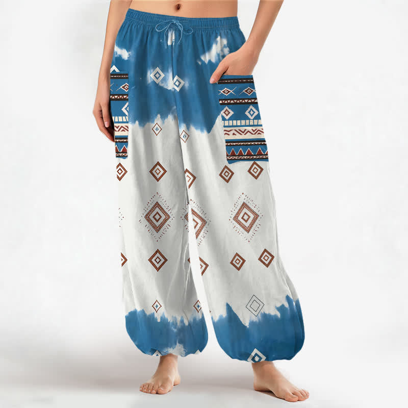 Buddha Stones Pantalon harem bohème en coton à motif géométrique losanges et taille élastique avec poches latérales - DodgerBlue - US16，UK/AU20，EU48 (3XL) - image 0