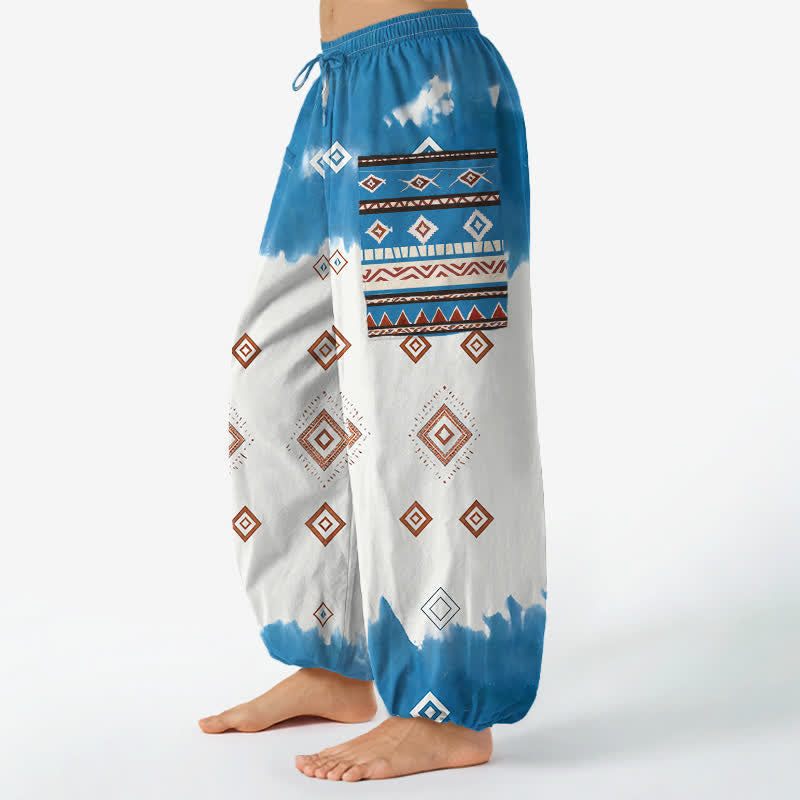 Buddha Stones Pantalon harem bohème en coton à motif géométrique losanges et taille élastique avec poches latérales - image 1