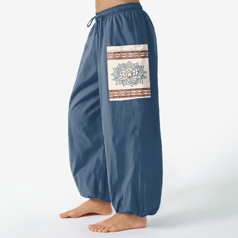 Buddha Stones Pantalon harem pour femme en coton, motif lotus mandala, taille élastique et poches latérales - image 1