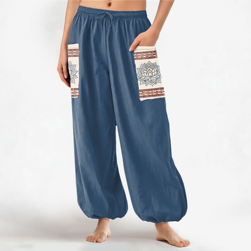Buddha Stones Pantalon harem pour femme en coton, motif lotus mandala, taille élastique et poches latérales - SteelBlue - US16，UK/AU20，EU48 (3XL) - image 0