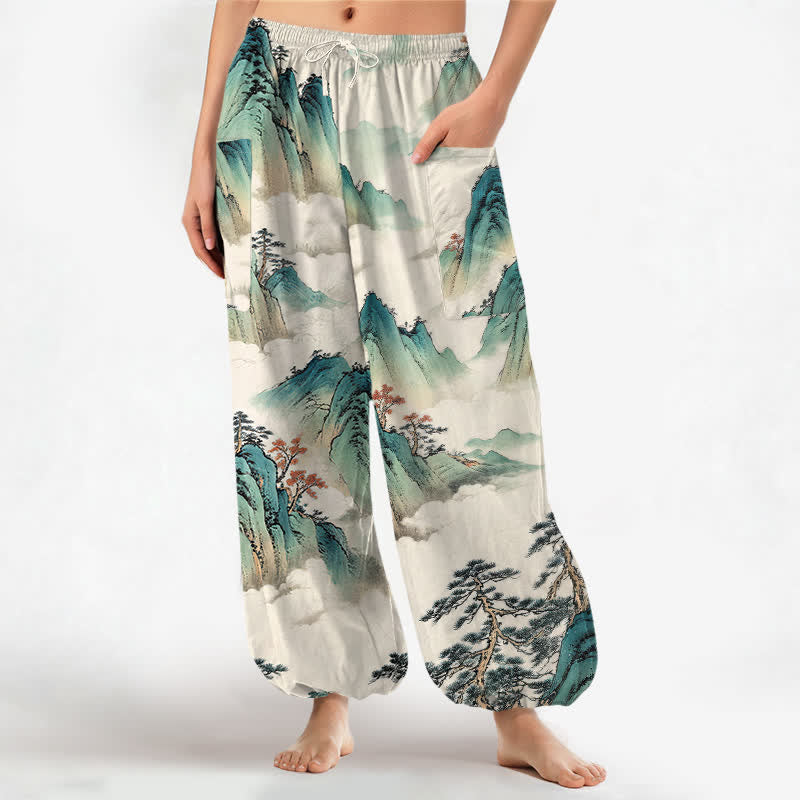 Buddha Stones Pantalon harem pour femme à taille élastique et poches latérales, motif paysage de montagne en coton et pins - Lin - US16，UK/AU20，EU48 (3XL) - image 0