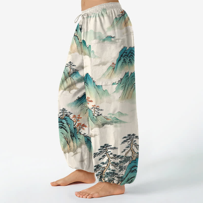 Buddha Stones Pantalon harem pour femme à taille élastique et poches latérales, motif paysage de montagne en coton et pins - image 1