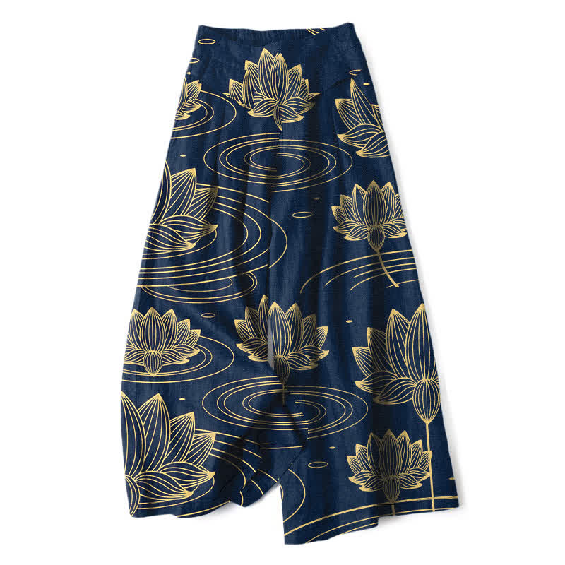 Buddha Stones Pantalon large à taille élastique et poches pour femme, en coton et lin, motif lotus ondulé - Marine - US16，UK/AU20，EU48 (3XL) - image 0