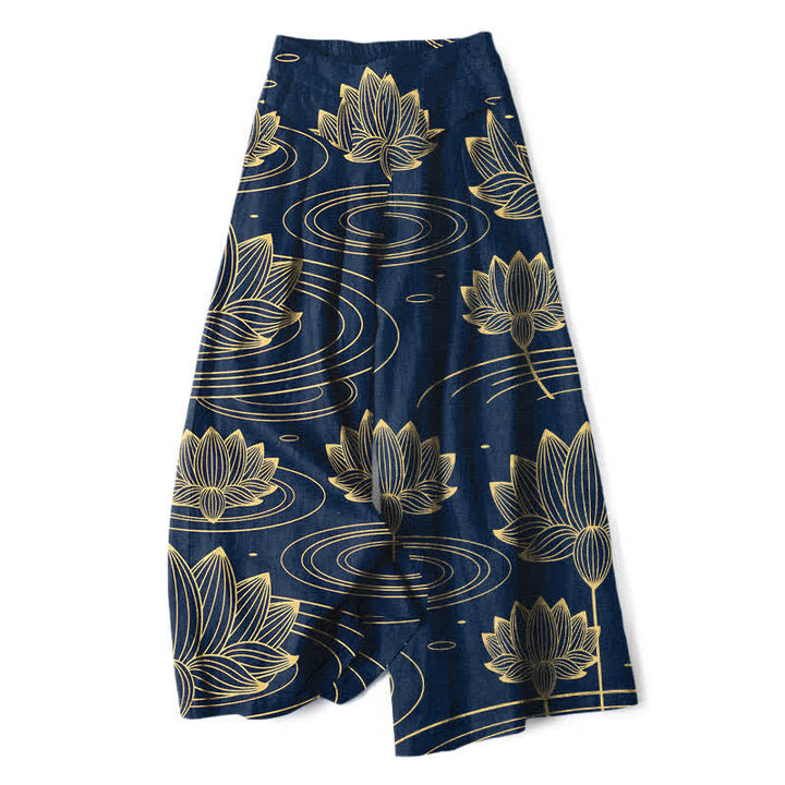 Buddha Stones Pantalon large à taille élastique et poches pour femme, en coton et lin, motif lotus ondulé - Marine - US16，UK/AU20，EU48 (3XL) - image 0