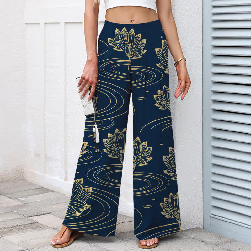 Buddha Stones Pantalon large à taille élastique et poches pour femme, en coton et lin, motif lotus ondulé - image 1