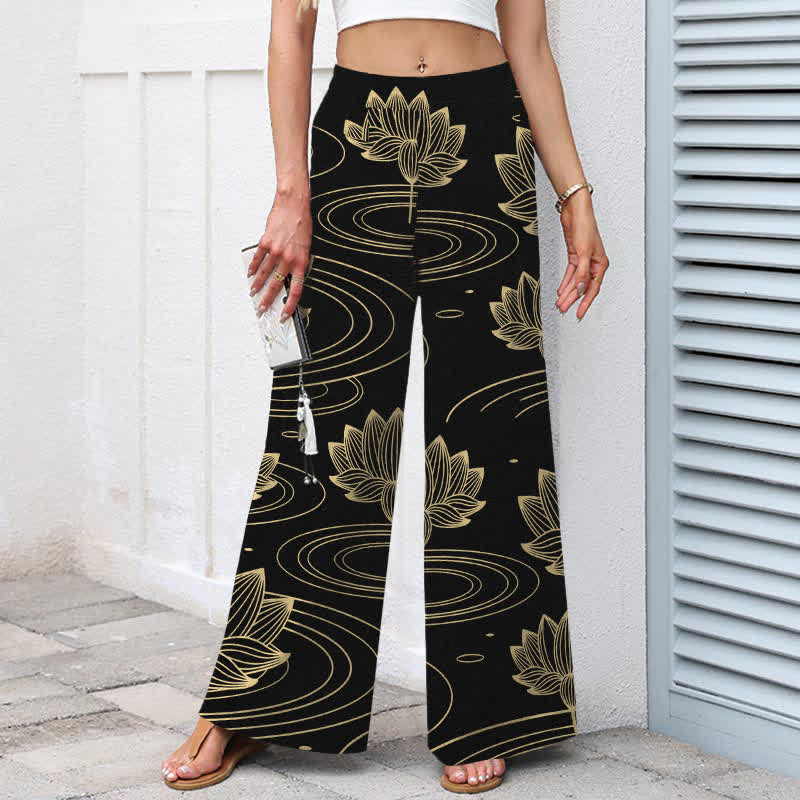 Buddha Stones Pantalon large à taille élastique et poches pour femme, en coton et lin, motif lotus ondulé - image 5