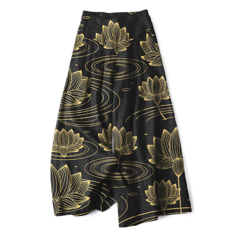 Buddha Stones Pantalon large à taille élastique et poches pour femme, en coton et lin, motif lotus ondulé - Noir - US16，UK/AU20，EU48 (3XL) - image 4