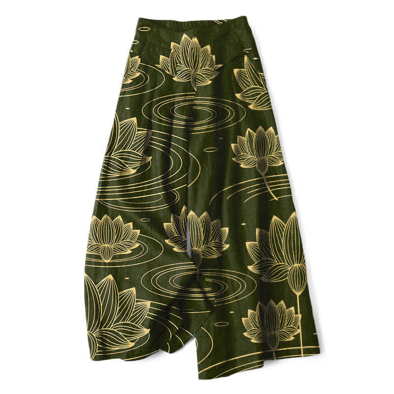 Buddha Stones Pantalon large à taille élastique et poches pour femme, en coton et lin, motif lotus ondulé - Vert olive foncé - US16，UK/AU20，EU48 (3XL) - image 6