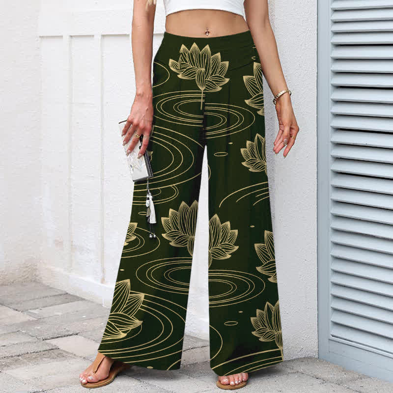 Buddha Stones Pantalon large à taille élastique et poches pour femme, en coton et lin, motif lotus ondulé - image 7