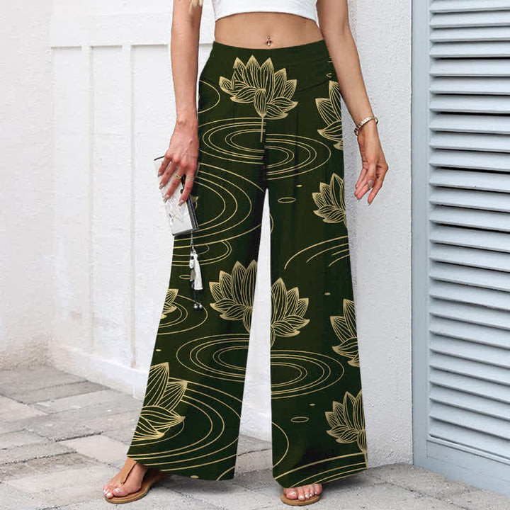 Buddha Stones Pantalon large à taille élastique et poches pour femme, en coton et lin, motif lotus ondulé - image 7