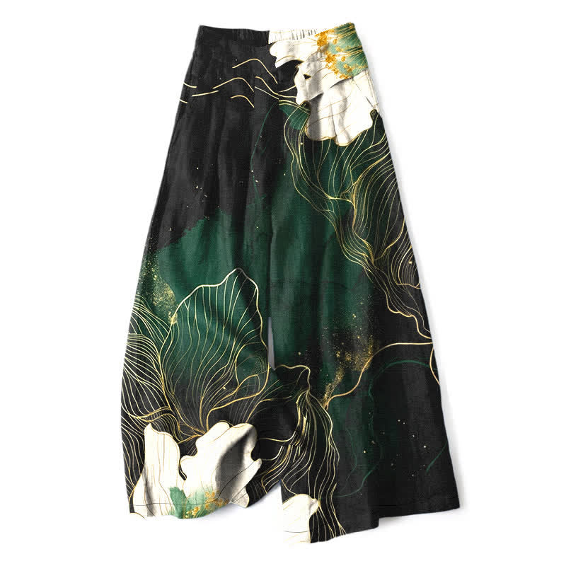 Buddha Stones Pantalon large pour femme en coton et lin blanc à motif floral artistique, taille élastique et poches - Vert forêt - US16，UK/AU20，EU48 (3XL) - image 0