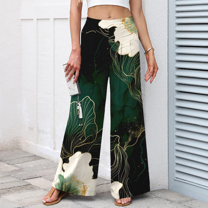 Buddha Stones Pantalon large pour femme en coton et lin blanc à motif floral artistique, taille élastique et poches - image 1