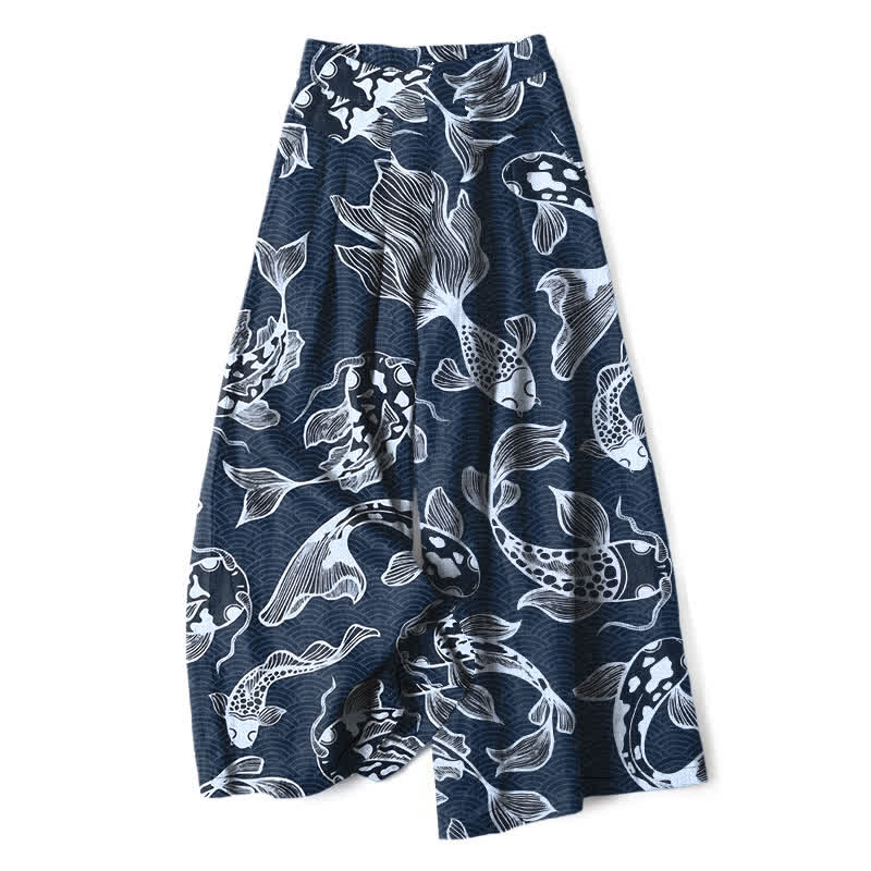 Buddha Stones Pantalon large en coton et lin à motif artistique de bassin de carpes koï, avec poches et taille élastique - Marine - US16，UK/AU20，EU48 (3XL) - image 0