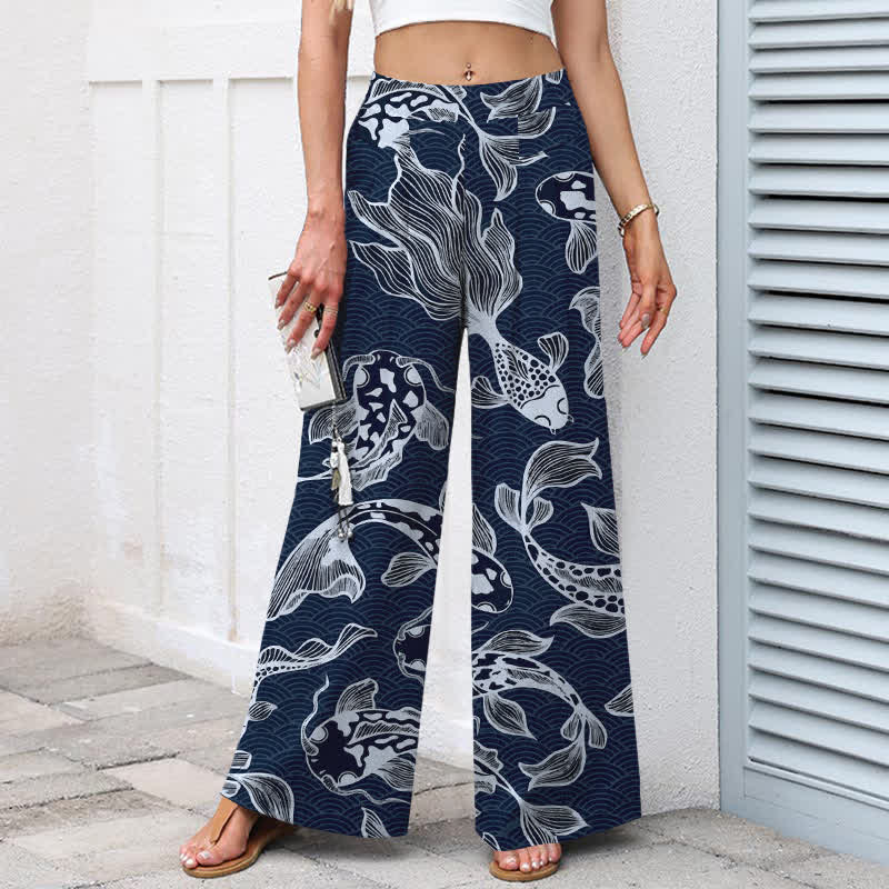 Buddha Stones Pantalon large en coton et lin à motif artistique de bassin de carpes koï, avec poches et taille élastique - image 1