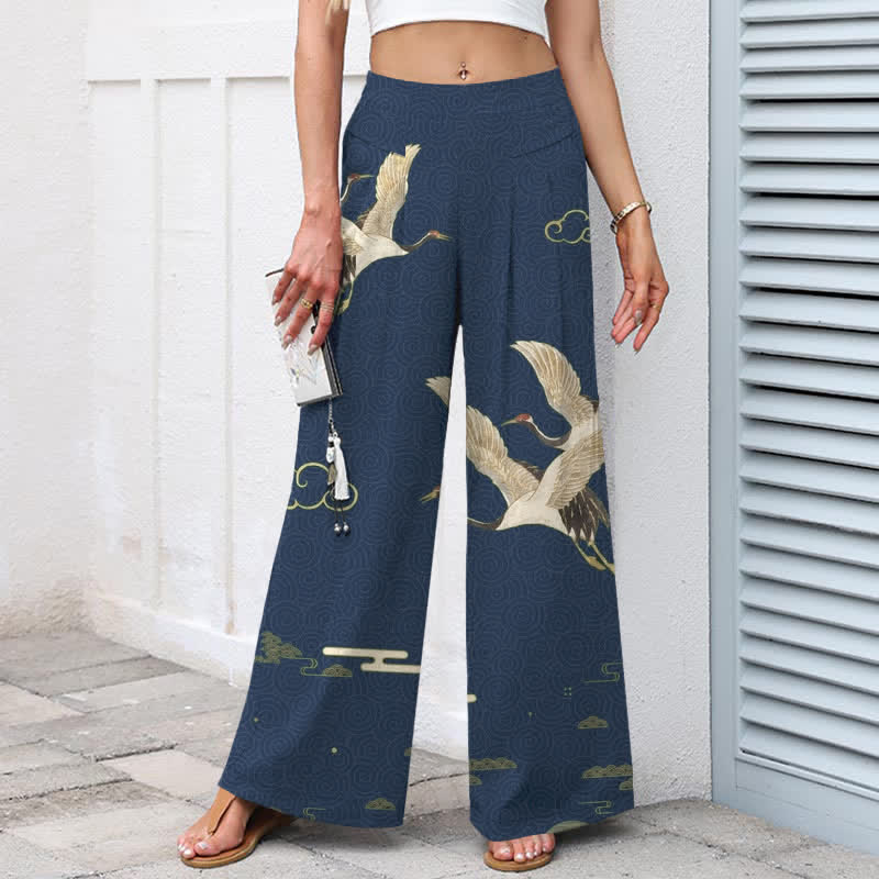 Buddha Stones Pantalon large en coton et lin à motif oriental de grues et de nuages ​​pour femme, taille élastique et poches - image 1