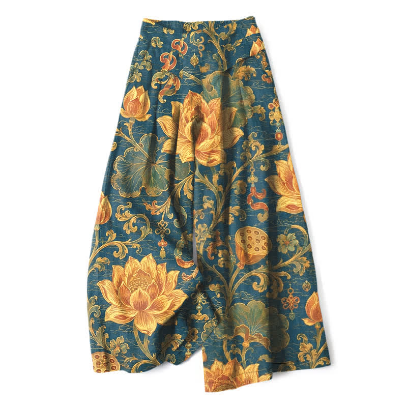 Buddha Stones Pantalon large pour femme en coton et lin à motif floral lotus vintage, taille élastique et poches - Sarcelle - US16，UK/AU20，EU48 (3XL) - image 0