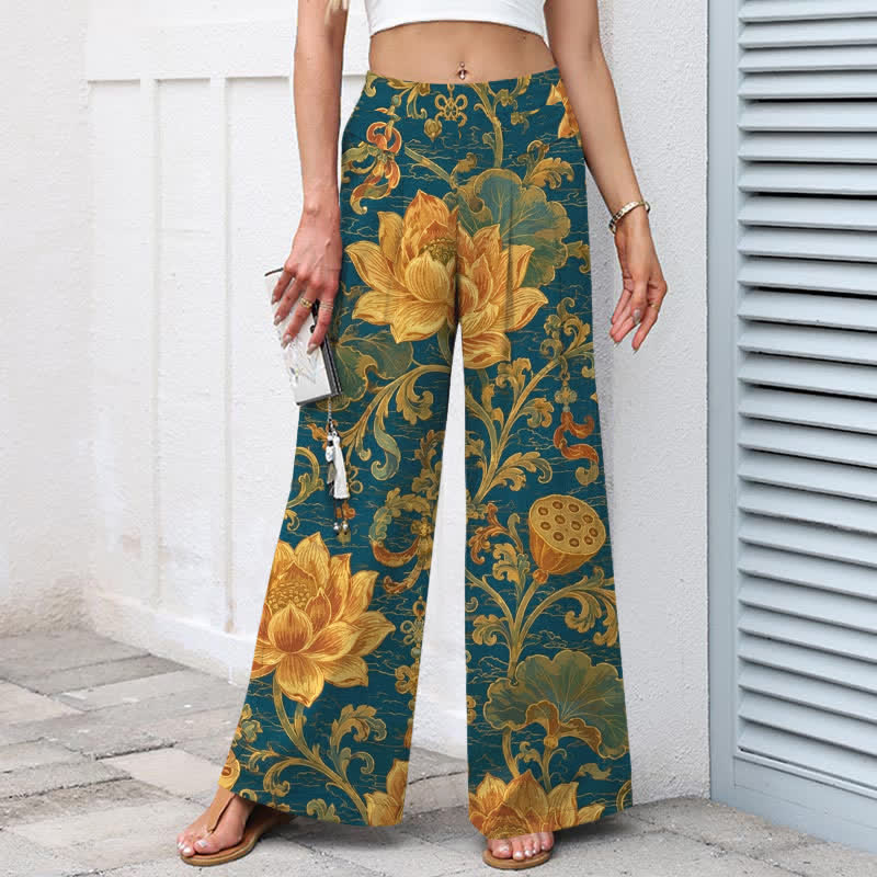Buddha Stones Pantalon large pour femme en coton et lin à motif floral lotus vintage, taille élastique et poches - image 1