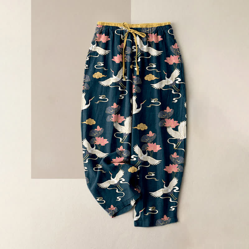 Buddha Stones Pantalon pour femme en pur coton, motif vintage lotus et grue, taille élastique et poches - Gris ardoise foncé - US16，UK/AU20，EU48 (3XL) - image 0