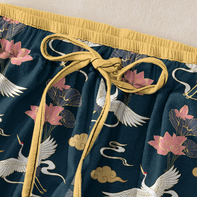 Buddha Stones Pantalon pour femme en pur coton, motif vintage lotus et grue, taille élastique et poches - image 1
