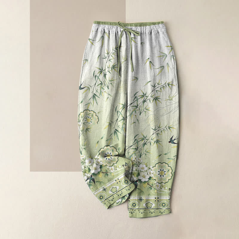 Buddha Stones Pantalon pour femme en pur coton, motif floral oriental en bambou, taille élastique et poches - Vert pâle - US16，UK/AU20，EU48 (3XL) - image 0