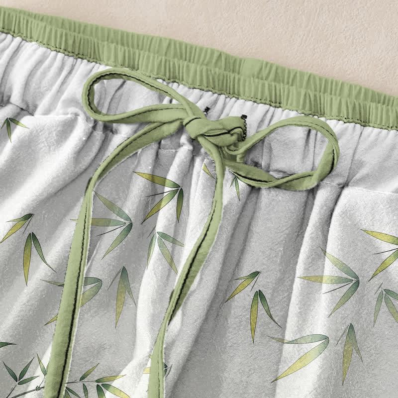 Buddha Stones Pantalon pour femme en pur coton, motif floral oriental en bambou, taille élastique et poches - image 1