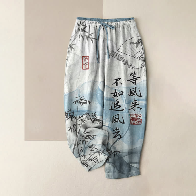 Buddha Stones Pantalon pour femme en pur coton, motif bambou oriental, taille élastique et poches - Bleu ciel clair - US16，UK/AU20，EU48 (3XL) - image 0