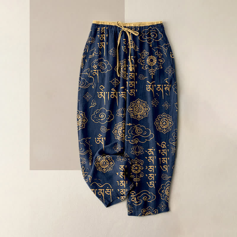 Buddha Stones Pantalon pour femme en pur coton avec motif d'écriture tibétaine, taille élastique et poches - Marine - US16，UK/AU20，EU48 (3XL) - image 0