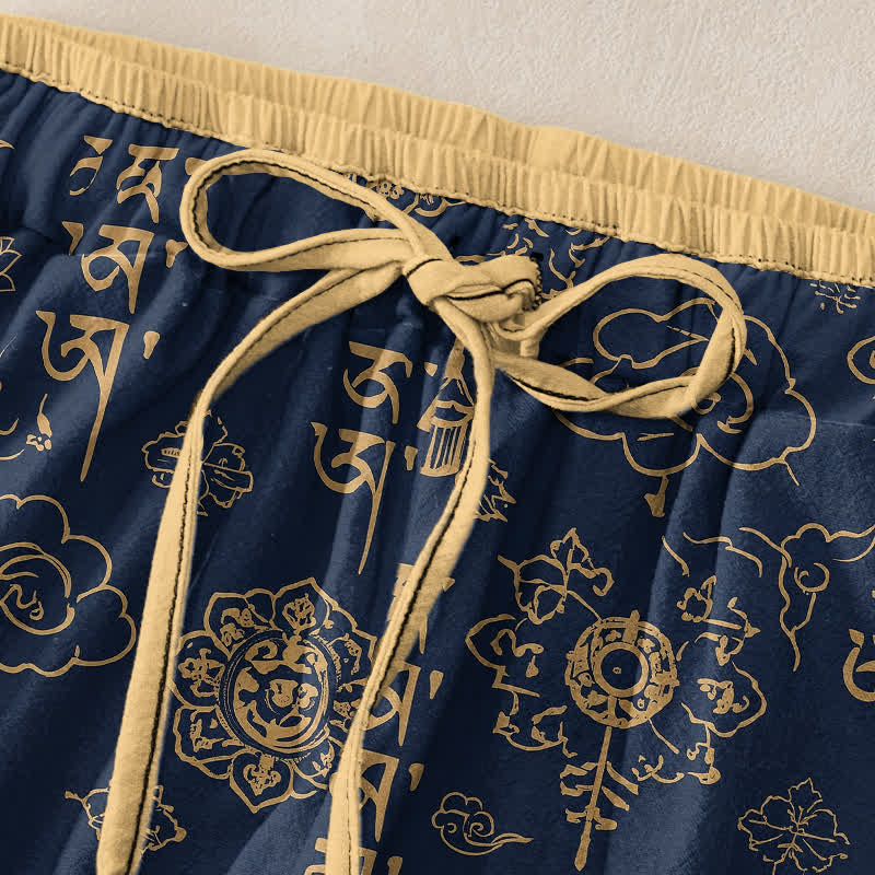 Buddha Stones Pantalon pour femme en pur coton avec motif d'écriture tibétaine, taille élastique et poches - image 1