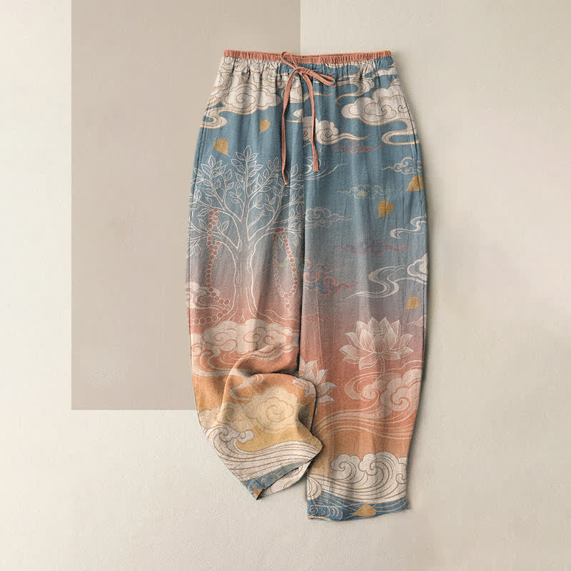 Buddha Stones Pantalon pour femme en pur coton à motif dégradé de nuages ​​de lotus, taille élastique et poches - Saumon clair - US16，UK/AU20，EU48 (3XL) - image 0