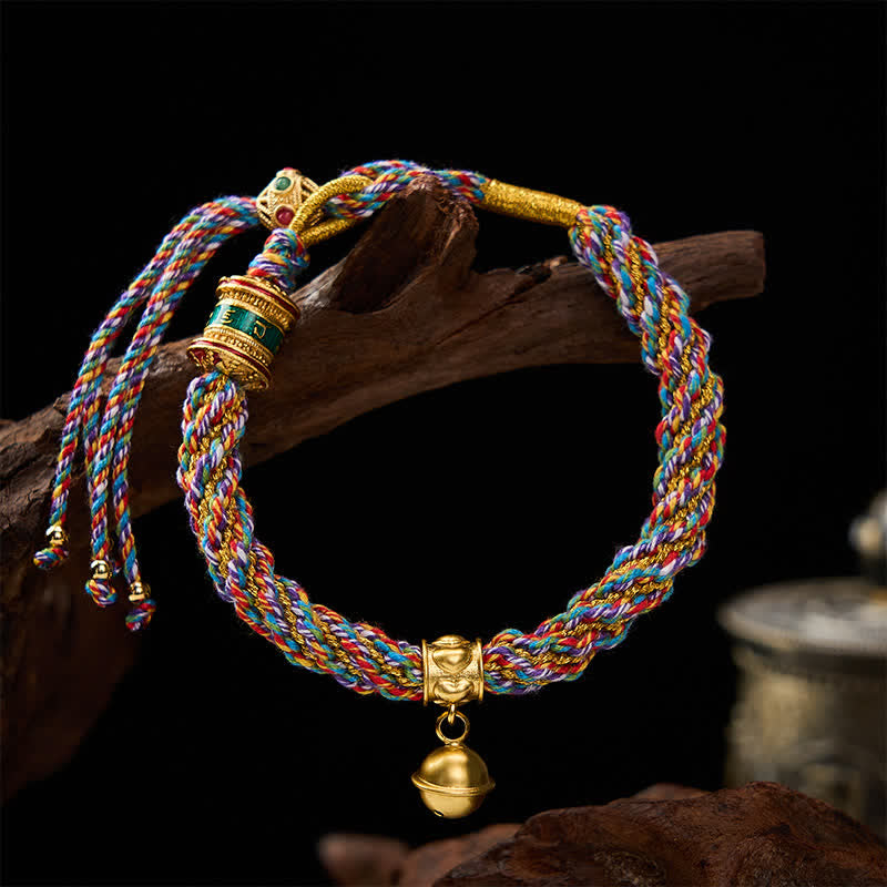 Buddha Stones Bracelet en corde tressée multicolore avec breloque clochette de force tibétaine Om Mani Padme Hum - image 1