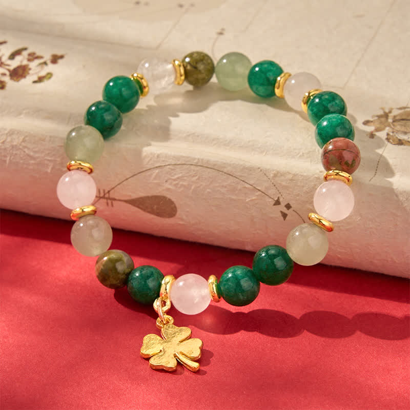 Buddha Stones Bracelet rond en perles d'aventurine verte à motif trèfle à quatre feuilles porte-bonheur - Aventurine verte (Chance ♥ Positivité) - image 0