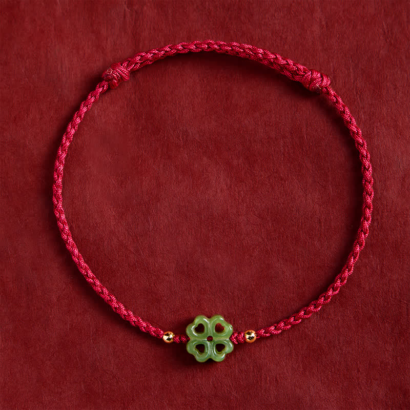 Buddha Stones Bracelet porte-bonheur en jade cyan naturel de Hetian, trèfle à quatre feuilles et corde rouge - image 1