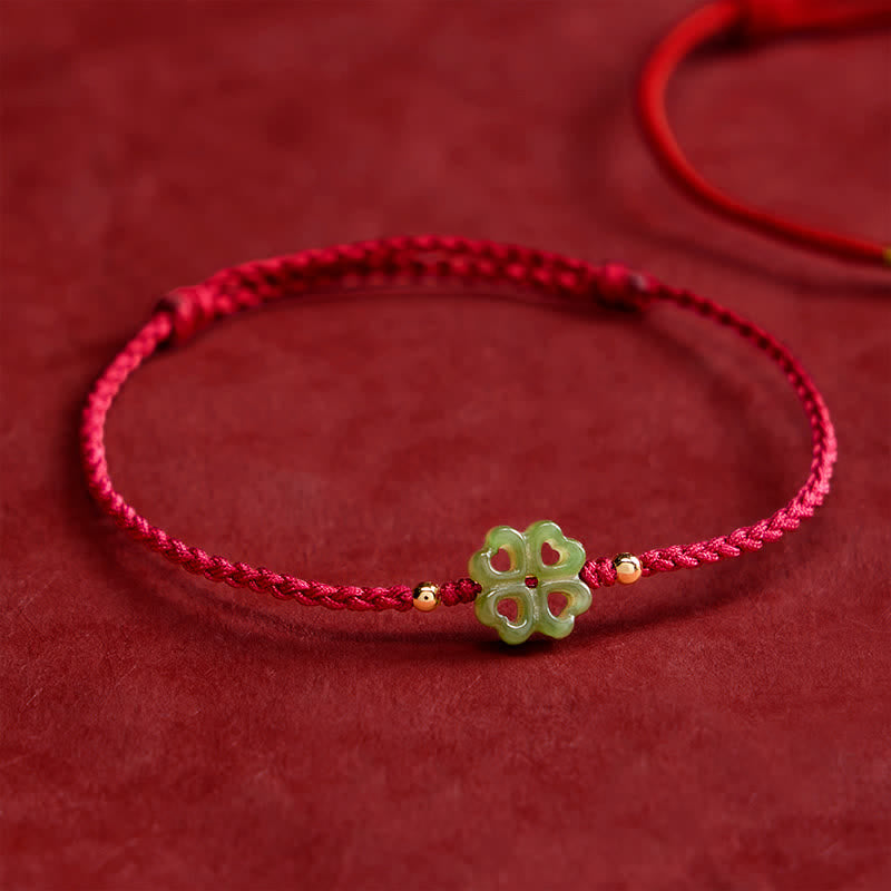 Buddha Stones Bracelet porte-bonheur en jade cyan naturel de Hetian, trèfle à quatre feuilles et corde rouge - Jade cyan (Tour de poignet : 15–18 cm) - image 0