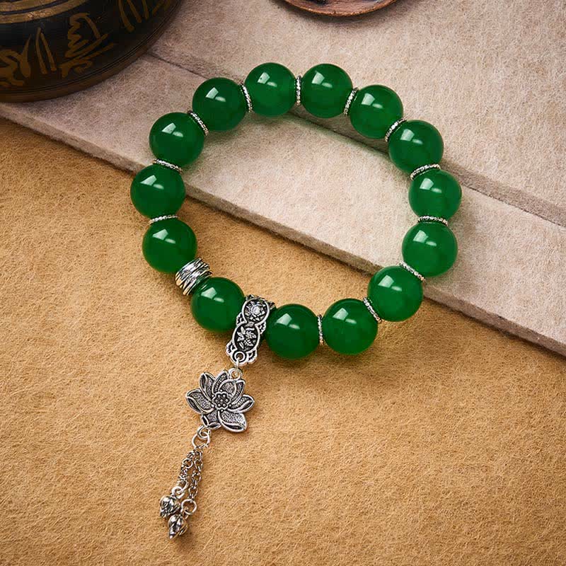Buddha Stones Bracelet de protection en quartzite vert naturel et perles de jade, breloque lotus. - image 3