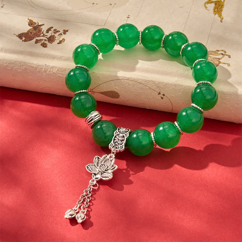 Buddha Stones Bracelet de protection en quartzite vert naturel et perles de jade, breloque lotus. - image 5