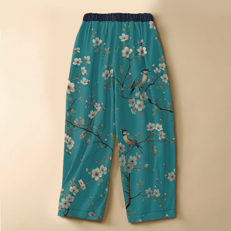 Buddha Stones Pantalon harem pour femme en pur coton, motif vintage d'oiseaux et de fleurs, avec boutons grenouille, taille élastique et poches. - image 1