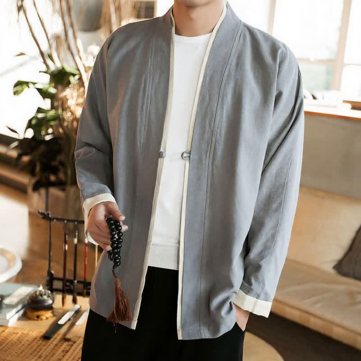 Buddha Stones Kimono homme automne-hiver style Tang minimaliste à boutons grenouille en coton uni - Gris clair - US/UK/AU46，EU56 (5XL) - image 9