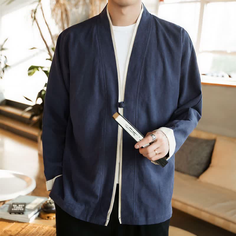 Buddha Stones Kimono homme automne-hiver style Tang minimaliste à boutons grenouille en coton uni - image 1