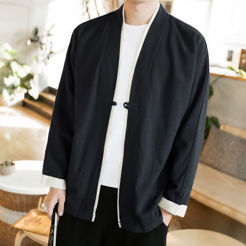 Buddha Stones Kimono homme automne-hiver style Tang minimaliste à boutons grenouille en coton uni - Noir - US/UK/AU46，EU56 (5XL) - image 13
