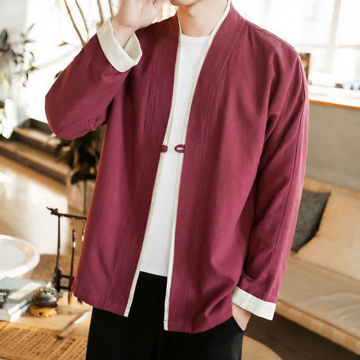 Buddha Stones Kimono homme automne-hiver style Tang minimaliste à boutons grenouille en coton uni - Bordeaux - US/UK/AU46，EU56 (5XL) - image 18