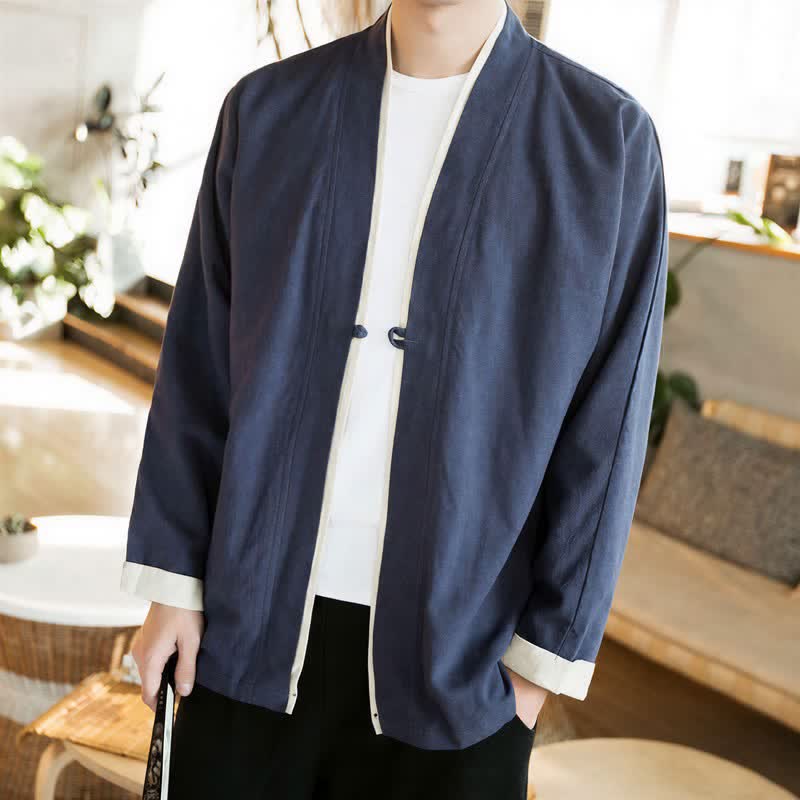 Buddha Stones Kimono homme automne-hiver style Tang minimaliste à boutons grenouille en coton uni - Marine - US/UK/AU46，EU56 (5XL) - image 0