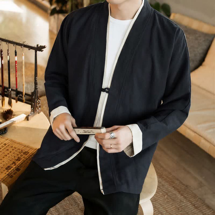 Buddha Stones Kimono homme automne-hiver style Tang minimaliste à boutons grenouille en coton uni - image 17