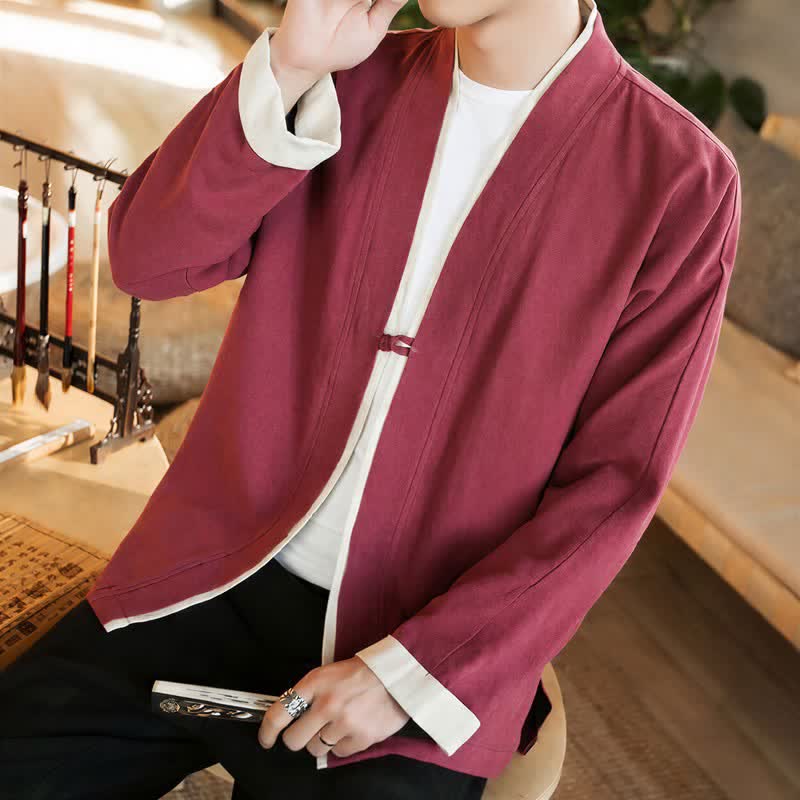 Buddha Stones Kimono homme automne-hiver style Tang minimaliste à boutons grenouille en coton uni - image 21