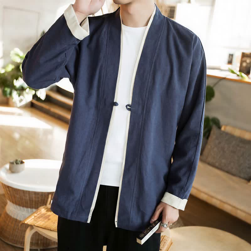 Buddha Stones Kimono homme automne-hiver style Tang minimaliste à boutons grenouille en coton uni - image 4