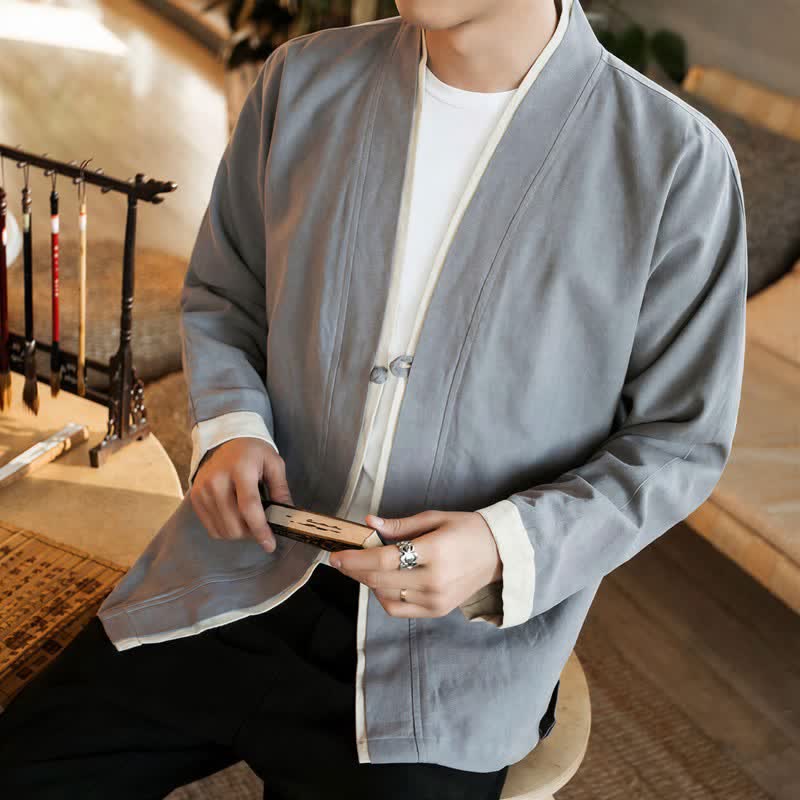 Buddha Stones Kimono homme automne-hiver style Tang minimaliste à boutons grenouille en coton uni - image 12