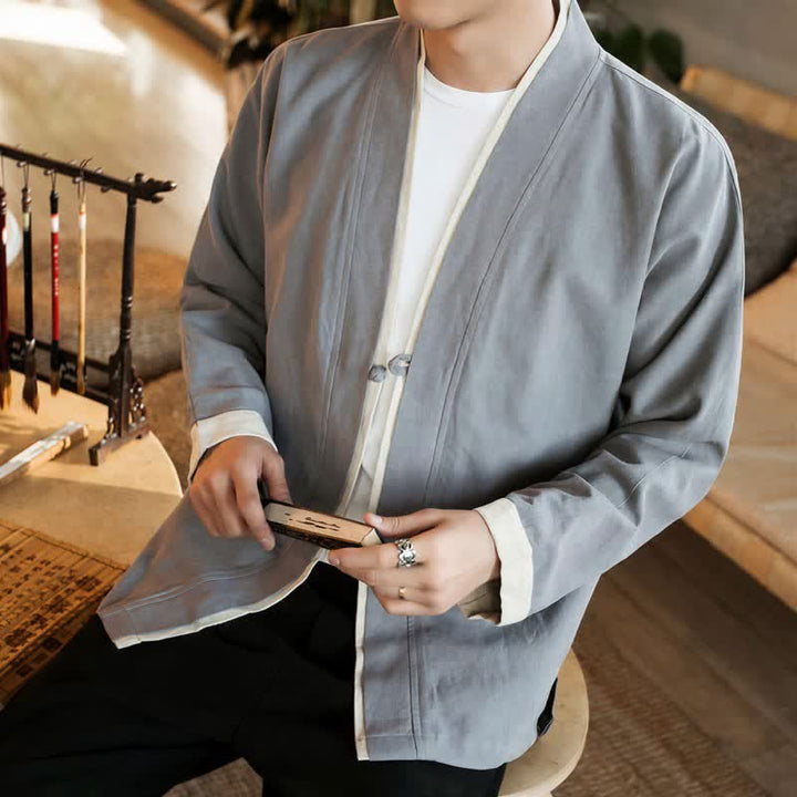 Buddha Stones Kimono homme automne-hiver style Tang minimaliste à boutons grenouille en coton uni - image 12