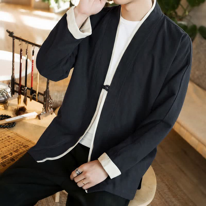 Buddha Stones Kimono homme automne-hiver style Tang minimaliste à boutons grenouille en coton uni - image 16