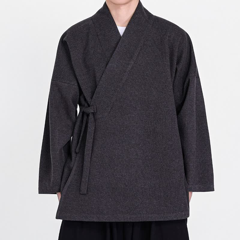Buddha Stones Kimonos pour hommes en velours côtelé uni, style classique minimaliste automne-hiver - Gris terne - US/UK/AU46，EU56 (5XL) - image 4